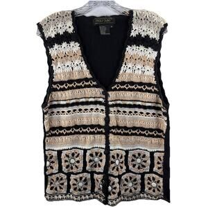 Womens Crochet Granny Square Open Front Sweater Vest Cottagecore Maurada Black